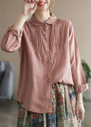 Classy Rose Peter Pan Collar Patchwork Wrinkled Button Linen Shirt Long Sleeve