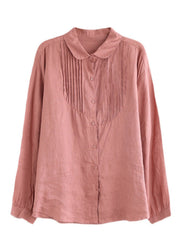 Classy Rose Peter Pan Collar Patchwork Wrinkled Button Linen Shirt Long Sleeve