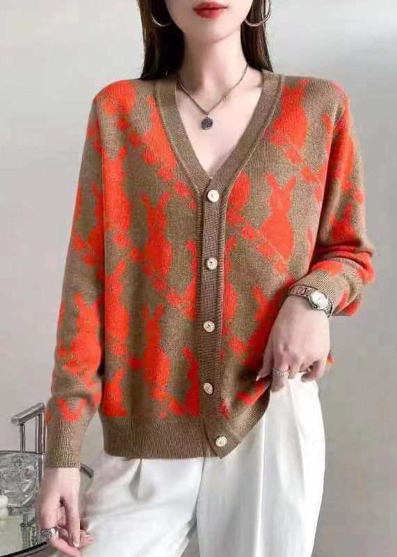 Classy Rose V Neck Button Jacquard Woolen Cardigan Fall