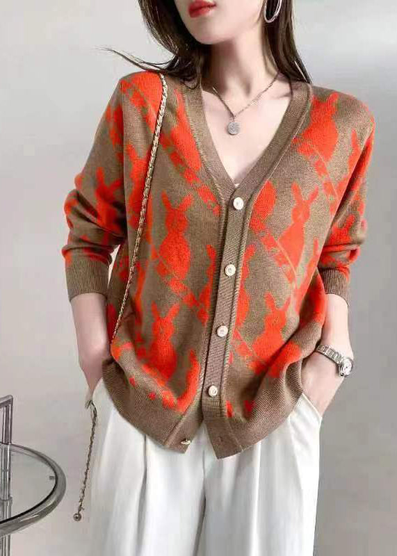 Classy Rose V Neck Button Jacquard Woolen Cardigan Fall