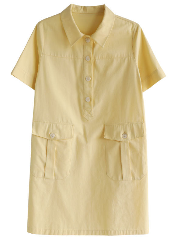 Classy Solid Yellow Peter Pan Collar Pockets Button Cotton Maxi Dress Short Sleeve