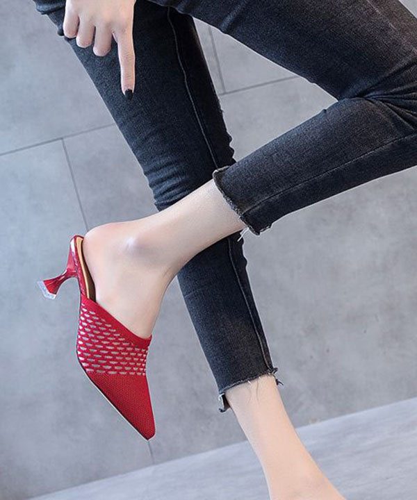 Classy Splicing High Heel Slide Sandals Red Knit Fabric Pointed Toe