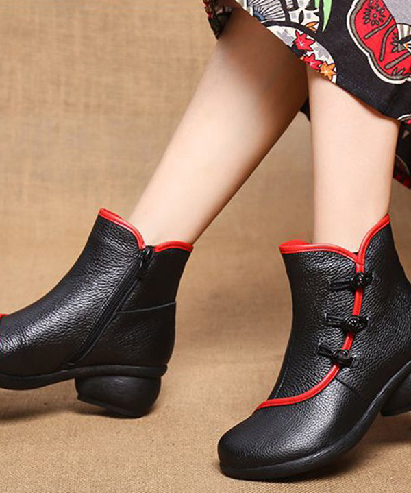 Classy Splicing Warm Fleece Chunky Ankle Boots Black Cowhide Leather