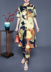 Classy Stand Collar Oversized Print Silk Two Piece Suit Set Summer