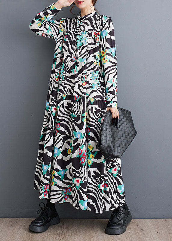 Classy Stand Collar Print Patchwork Wrinkled Maxi Dress Fall