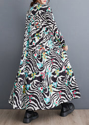 Classy Stand Collar Print Patchwork Wrinkled Maxi Dress Fall