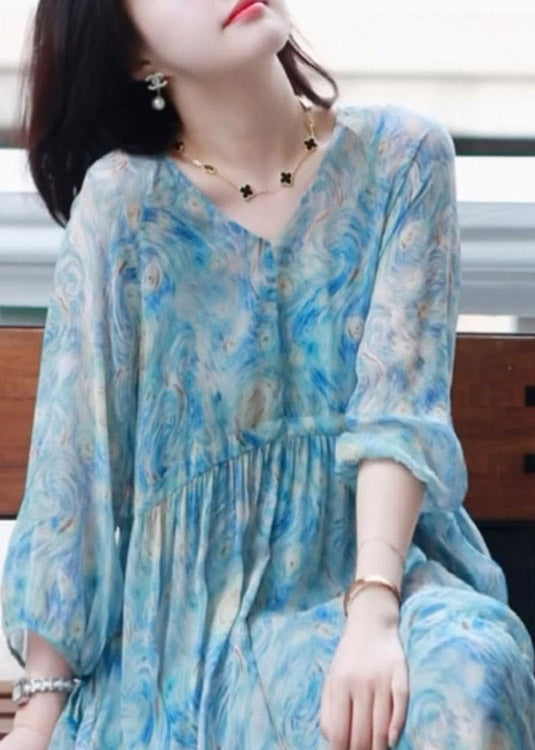 Classy V Neck Print Cinched Silk Long Dress Bracelet Sleeve