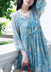 Classy V Neck Print Cinched Silk Long Dress Bracelet Sleeve