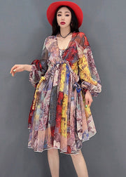 Classy V Neck Print Wrinkled Chiffon Party Dresses Long Sleeve