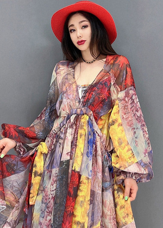 Classy V Neck Print Wrinkled Chiffon Party Dresses Long Sleeve