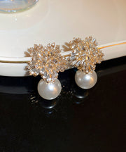 Classy White Alloy Zircon Pearl Snowflake Stud Earrings