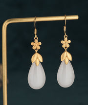 Classy White Ancient Gold Jade Floral Water Drop Drop Earrings