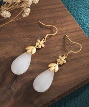 Classy White Ancient Gold Jade Floral Water Drop Drop Earrings