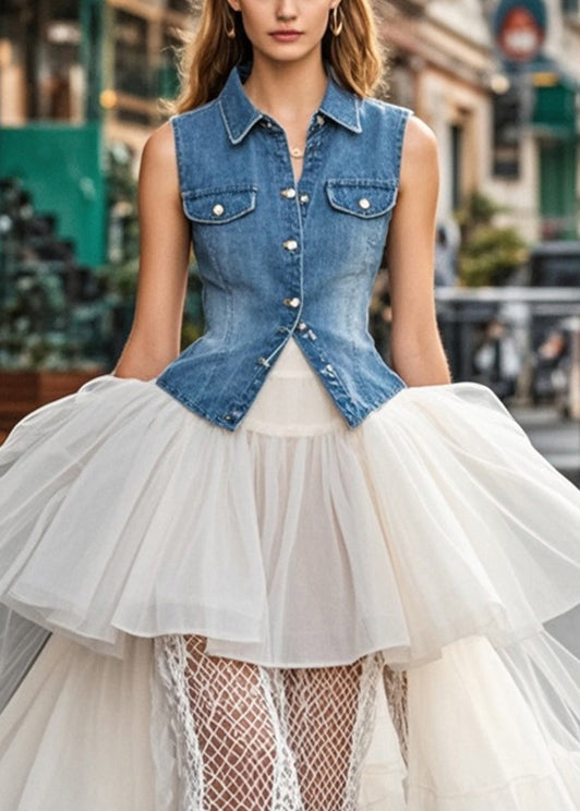 Classy White Asymmetrical Patchwork Ruffled Tulle Beach Skirt Spring