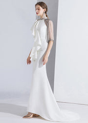 Classy White Asymmetrical Tulle Patchwork Slim Fishtail Maxi Dress Summer