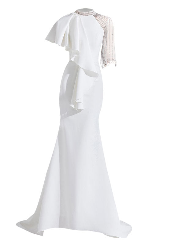 Classy White Asymmetrical Tulle Patchwork Slim Fishtail Maxi Dress Summer