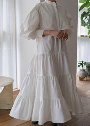 Classy White Cinched Patchwork Cotton Exra Large Hem Dress Puff Sleeve