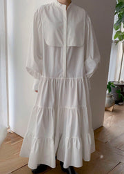 Classy White Cinched Patchwork Cotton Exra Large Hem Dress Puff Sleeve