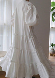 Classy White Cinched Patchwork Cotton Exra Large Hem Dress Puff Sleeve