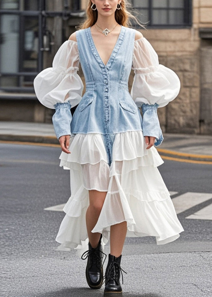 Classy White Cold Shoulder Patchwork Denim Holiday Dress Puff Sleeve