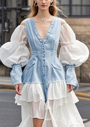 Classy White Cold Shoulder Patchwork Denim Holiday Dress Puff Sleeve