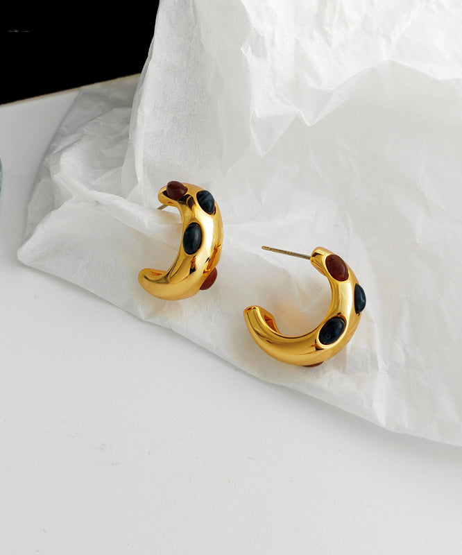 Classy White Copper Gold Plated C Graphic Resin Hoop Earrings