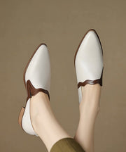 Classy White Cowhide Leather Chunky Heel Pointed Toe