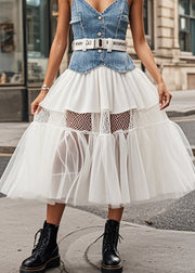 Classy White Elastic Waist Patchwork Tulle Skirt Spring