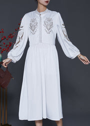 Classy White Embroidered Exra Large Hem Silk Long Dress Spring