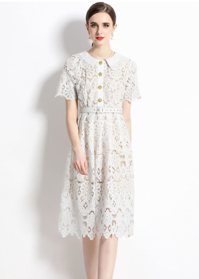 Classy White Hollow Out Embroideried Sashes Lace Dress Summer