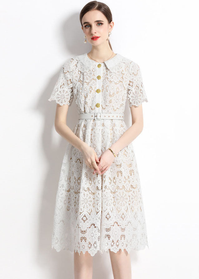 Classy White Hollow Out Embroideried Sashes Lace Dress Summer