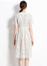 Classy White Hollow Out Embroideried Sashes Lace Dress Summer