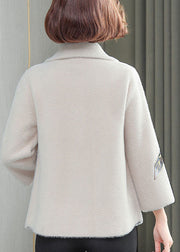 Classy White Leaf Embroideried Pockets Mink Hair Velvet Coats Winter