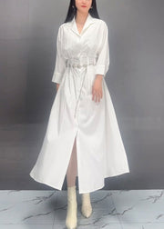 Classy White Notched Button Tunic Vacation Long Dresses Fall