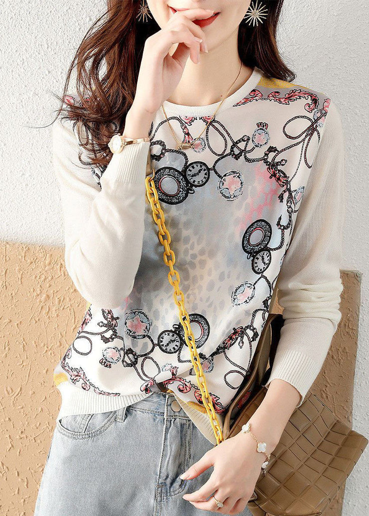 Classy White O-Neck Knit Patchwork Print Chiffon Shirt Tops Spring