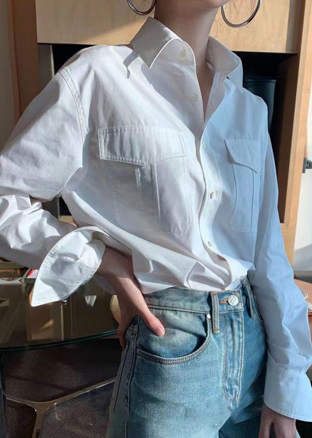 Classy White Peter Pan Collar Button  Cotton Shirts Fall