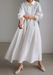 Classy White Peter Pan Collar Cotton Button Pockets Maxi Dress Long Sleeve