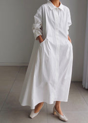 Classy White Peter Pan Collar Cotton Button Pockets Maxi Dress Long Sleeve