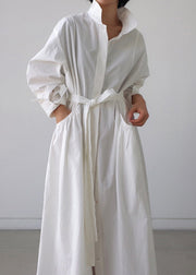 Classy White Peter Pan Collar Cotton Button Pockets Maxi Dress Long Sleeve