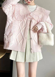 Classy White Ruffled Knit Patchwork Cotton Filled Coat Long Sleeve