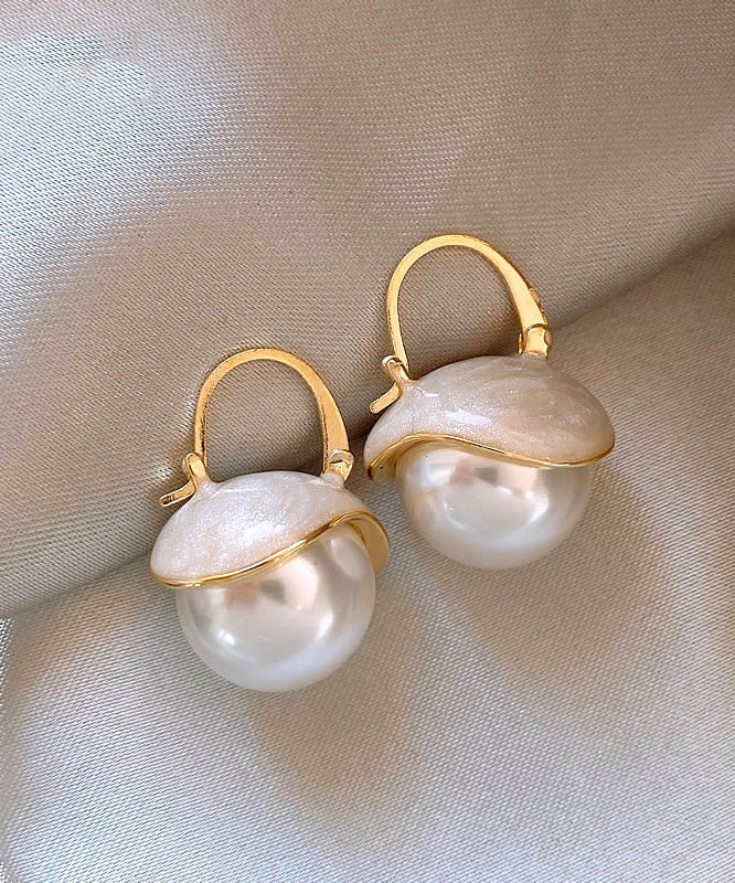 Classy White Sterling Silver Alloy Pearl Hoop Earrings