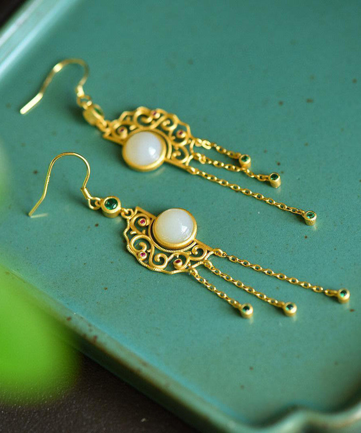 Classy White Sterling Silver Jade Ruyi Tassel Drop Earrings