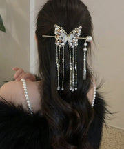 Classy White Sterling Silver Overgild Pearl Butterfly Tassel Hairpin