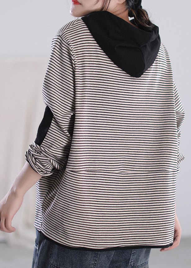 Classy White Striped Drawstring Patchwork Sweatshirts Fall