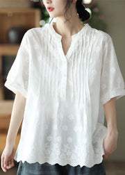 Classy White V Neck Embroideried Patchwork Cotton Shirt Top Summer