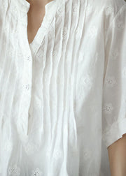 Classy White V Neck Embroideried Patchwork Cotton Shirt Top Summer