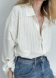 Classy White Wrinkled Button Patchwork Cotton Blouses Fall