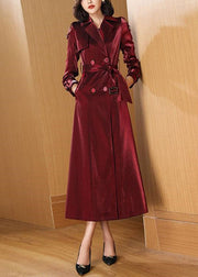 Classy Wine Red Pockets Tie Waist Cotton Long Trench Coats Fall