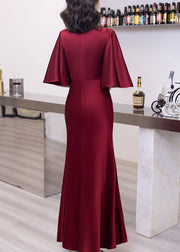 Classy Wine Red V Neck Embroidered Cotton Long Dresses Butterfly Sleeve