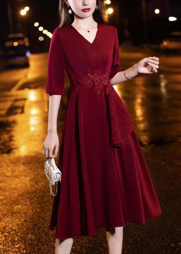 Classy Wine Red V Neck Nail Bead Wrinkled Silk Dress Half Sleeve